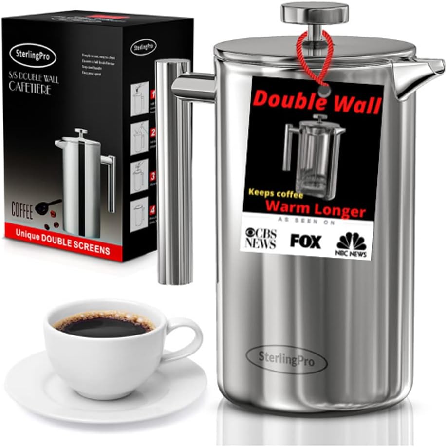 French Press Coffee Maker(1.75L)-Double Walled Large Coffee Press with 2 Free Filters-Enjoy Granule-Free Coffee Guaranteed, Stylish Rust Free Kitchen Accessory-Stainless Steel French Press