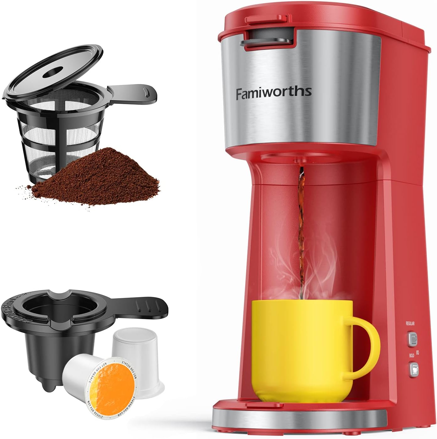 Famiworths Single Serve Coffee Maker for K Cup & Ground Coffee, With Bold Brew, One Cup Coffee Maker, 6 to 14 oz. Brew Sizes, Fits Travel Mug, Red