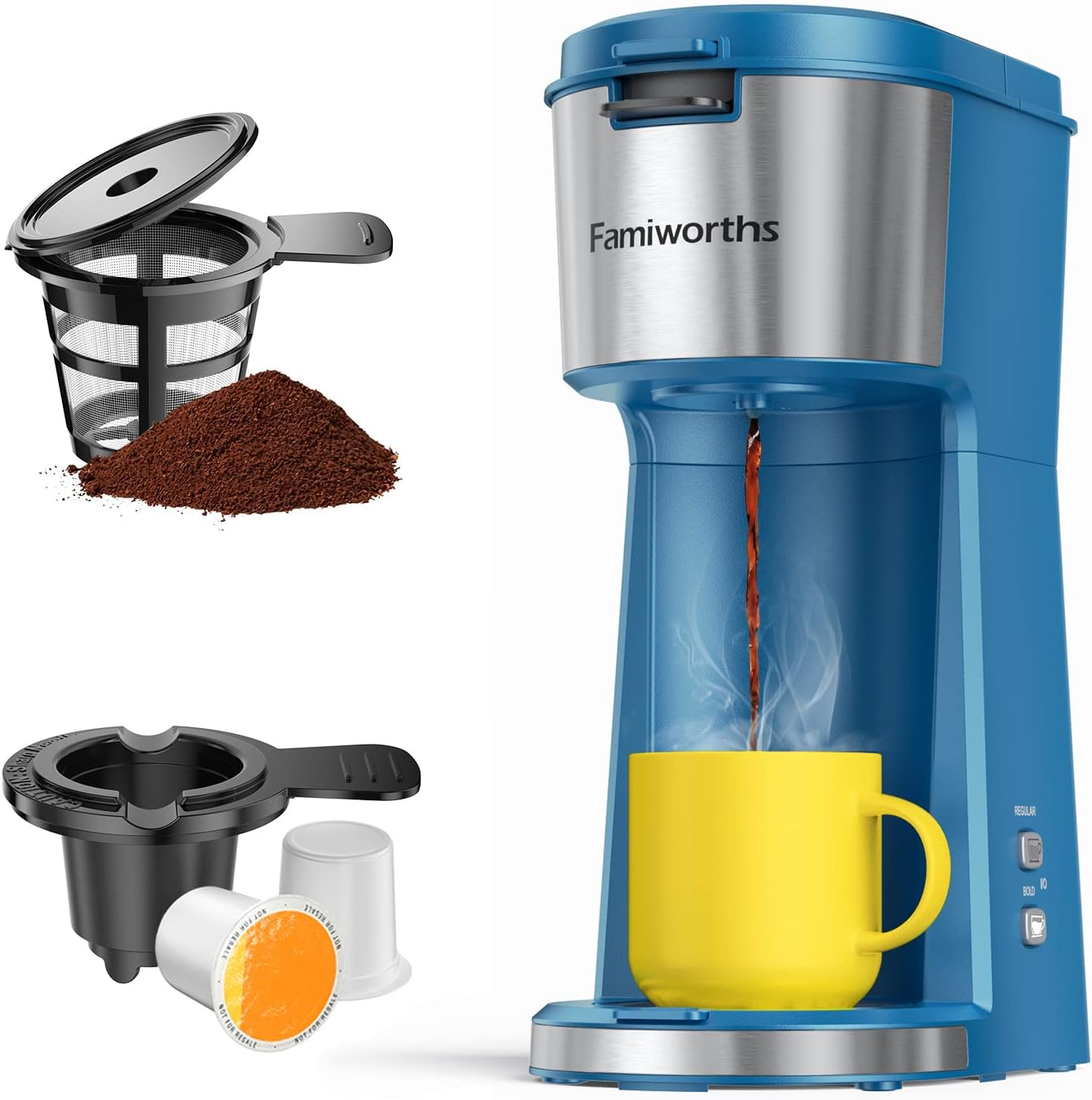 Famiworths Single Serve Brewer for K Cup & Ground Coffee, With Bold Brew, One Cup Coffee Maker, 6 to 14 oz. Brew Sizes, Fits Travel Mug, Blue