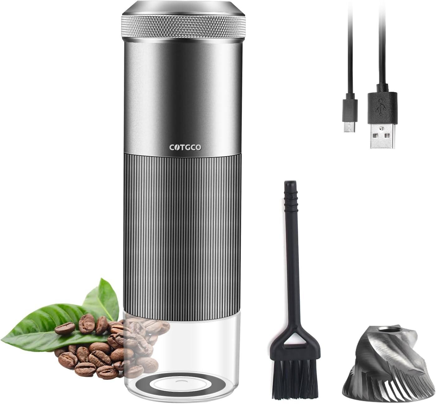 Coffee Grinder Electric Burr Portable: COTGCO Small Espresso Bean Mill with Conical Burr - Adjustable & Rechargeable Battery - Extra Fine to Extra Coarse (Silver-1)