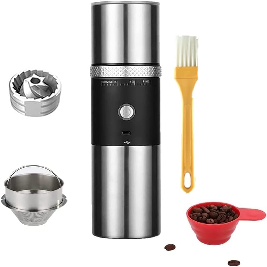 Portable Electric Conical Burr Coffee Grinders, Spice Grinder Electric, Bean Grinder,USB Rechargeable Coffee Maker Stainless Steel Coffee Bean Machine with 15 Fine to Coarse Grind Settings (Black)