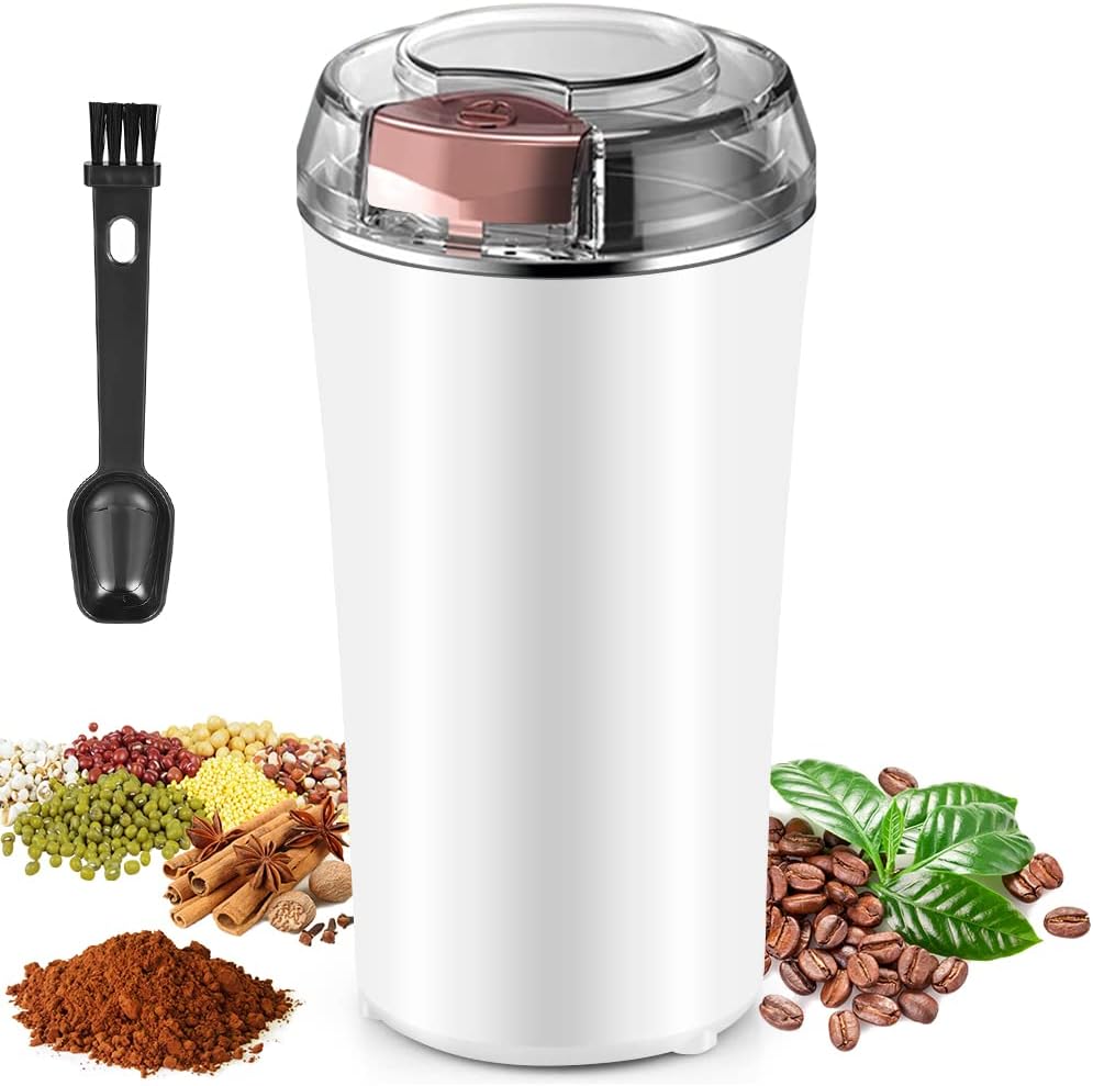 Coffee Grinder Electric, Spice Grinder, Coffee Bean Herb Grinder with Integrated Brush Spoon, One-touch Push-Button Stainless Steel Small Grinding for Peanut Grains (WHITE)