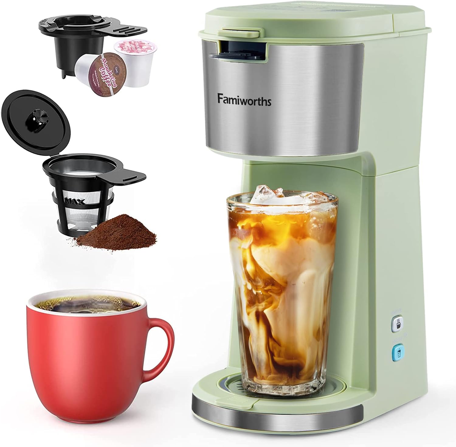 Famiworths Iced Coffee Maker, Hot and Cold Coffee Maker Single Serve for K Cup and Ground, with Descaling Reminder and Self Cleaning, Iced Coffee Machine for Home, Office and RV,Matcha Green