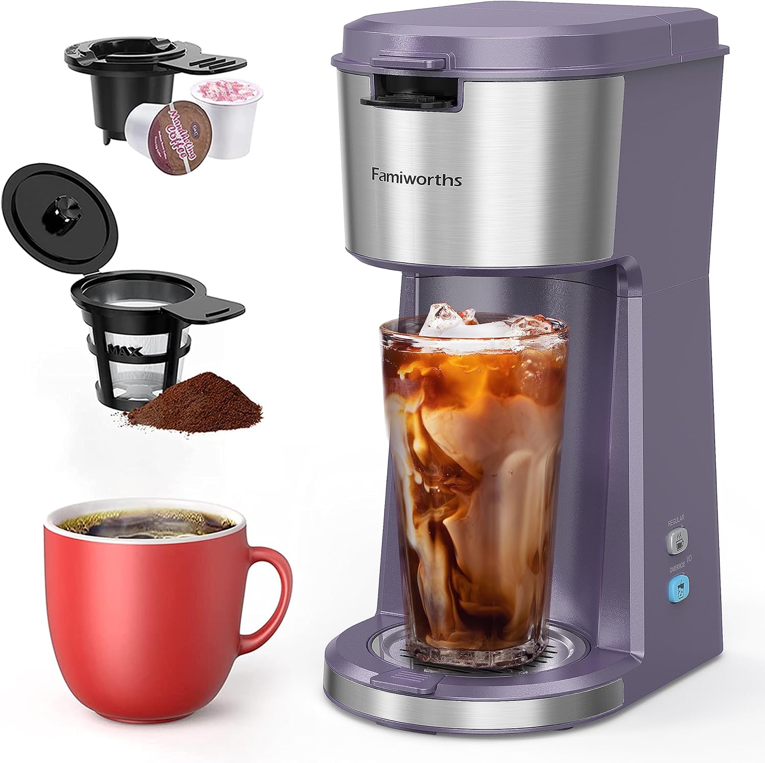 Famiworths Iced Coffee Maker, Hot and Cold Coffee Maker Single Serve for K Cup and Ground, with Descaling Reminder and Self Cleaning, Iced Coffee Machine for Home, Office and RV, Lavender