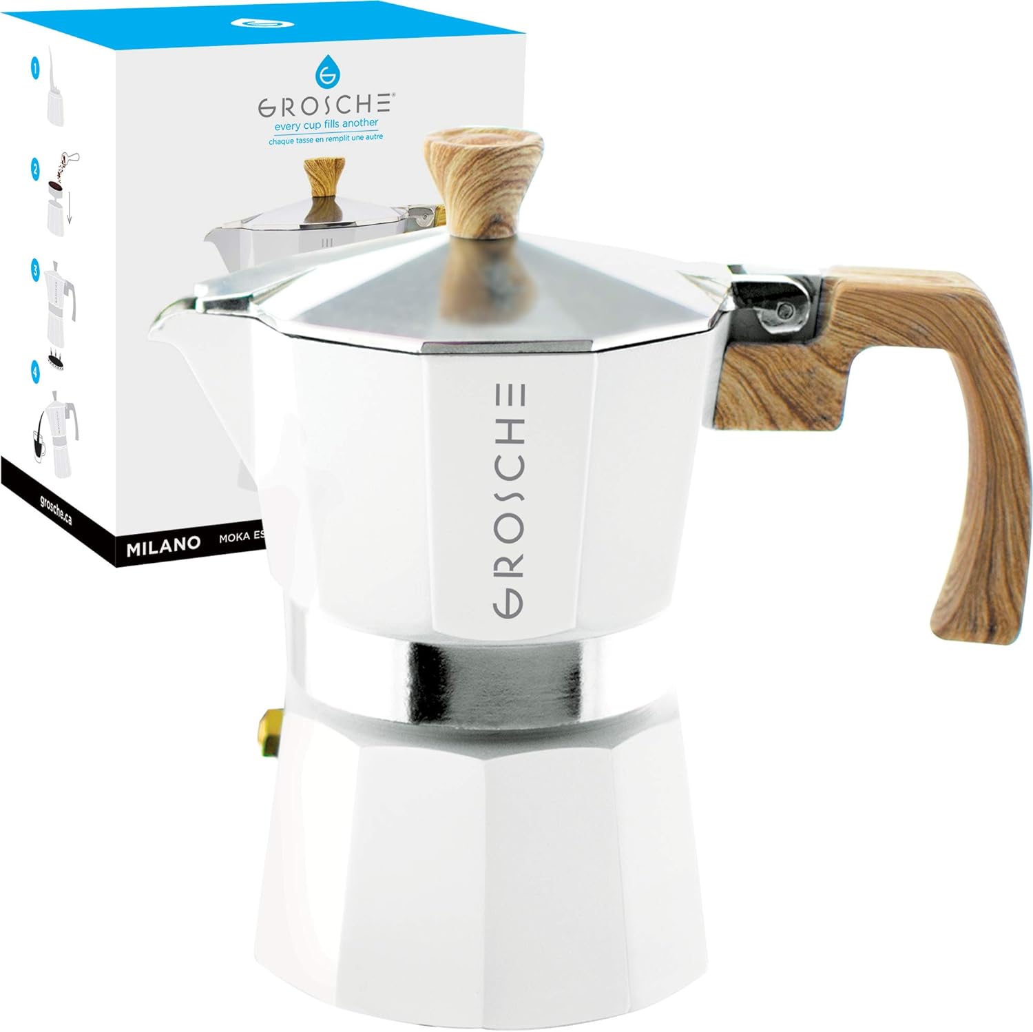 GROSCHE Milano Stovetop Espresso Maker Moka pot 3 espresso Cup - 5 oz, White - Cuban Stove top coffee maker Moka Italian greca coffee maker brewer percolator