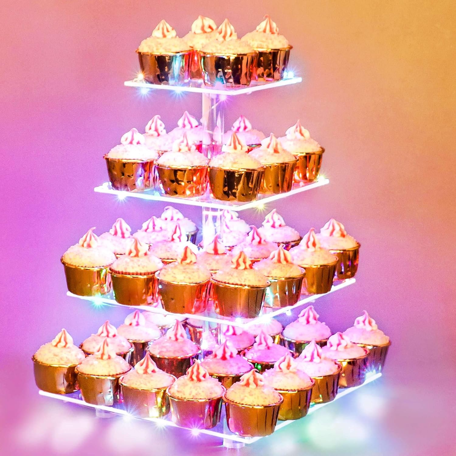 Cupcake Stand for 50 pcs Cupcakes, Tiered Cupcake Tower, 4 -Tier Cupcake Display Stand with Colorful Led Light, Acrylic Cupcake Holder for Bar Party Dcor Wedding Birthday Christmas