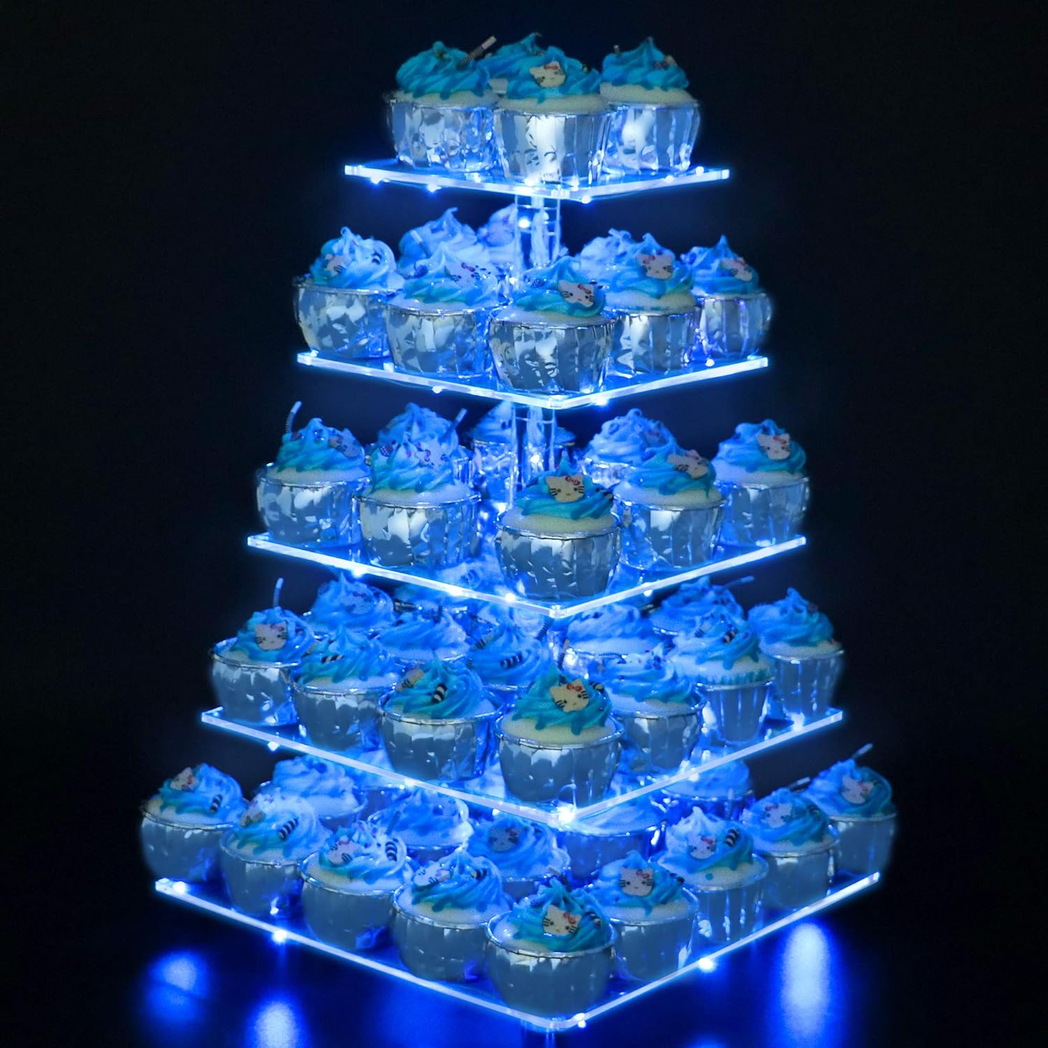 YestBuy 5 Tier Cupcake Stand Acrylic Cupcake Tower Display with LED Light Premium Cupcake Holder Dessert Tree Tower for Birthday Cady Bar Party Dcor Weddings, Birthday Parties Events (Blue Light)