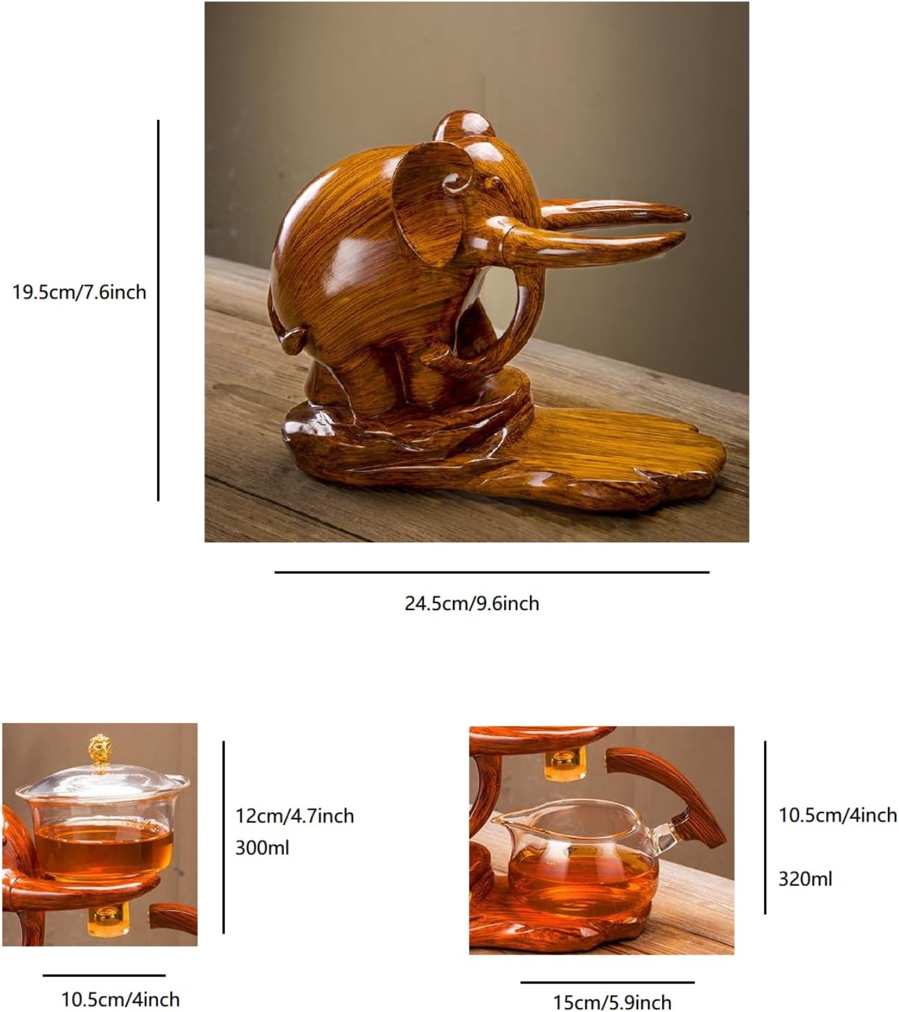 MOZEO Kungfu Glass Tea Set Drip Water Diversion Rotating Cover Bowl Semi-Automatic Glass Teapot Suit (Elephant, Teapot Set)