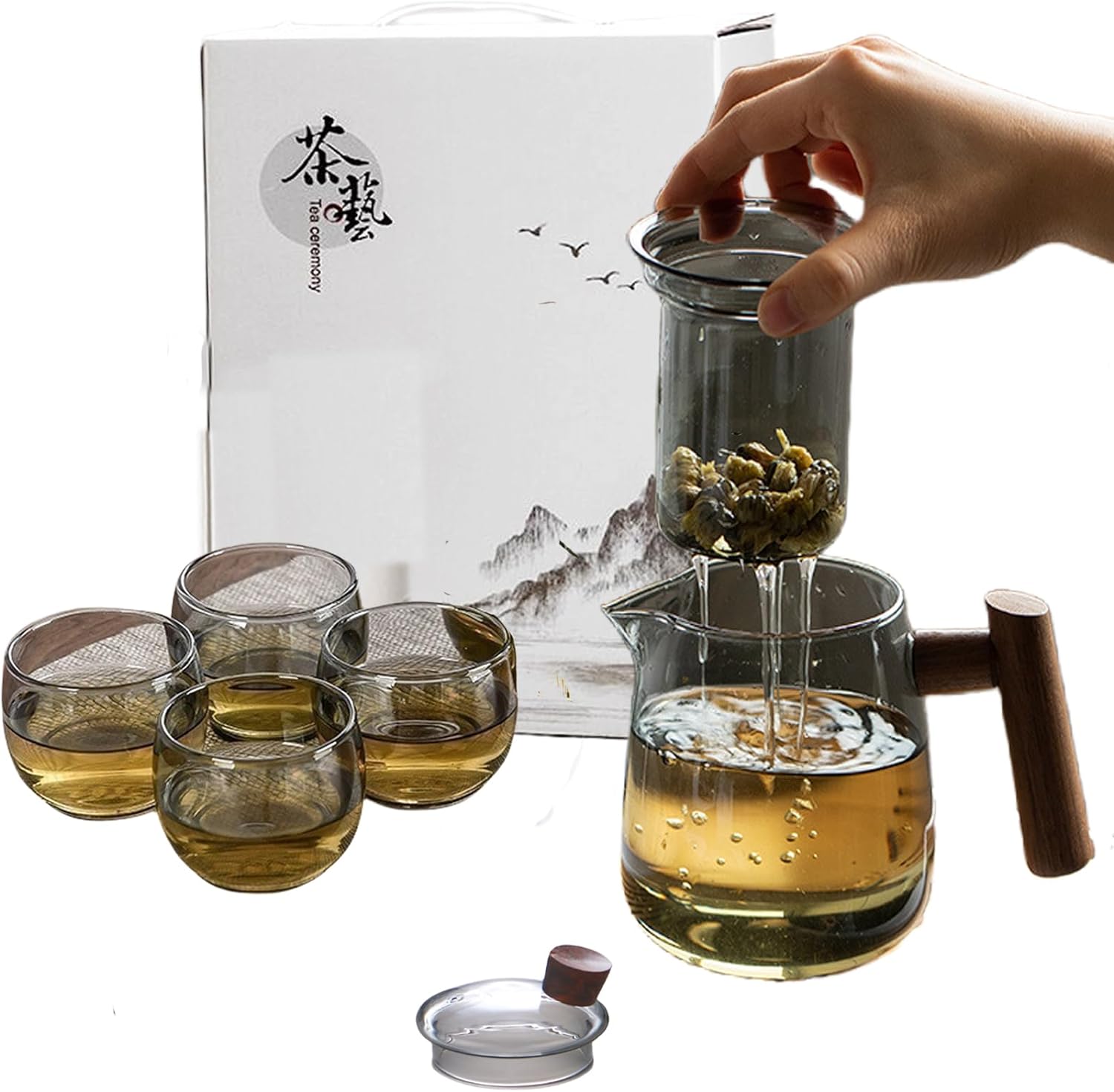 Tea Set with Teapot Traditional Travel Japanese/Chinese Gongfu Glass Tea Cut Sets of 4 for Adults,Women Gift,Tea Parties (Glass, Black)