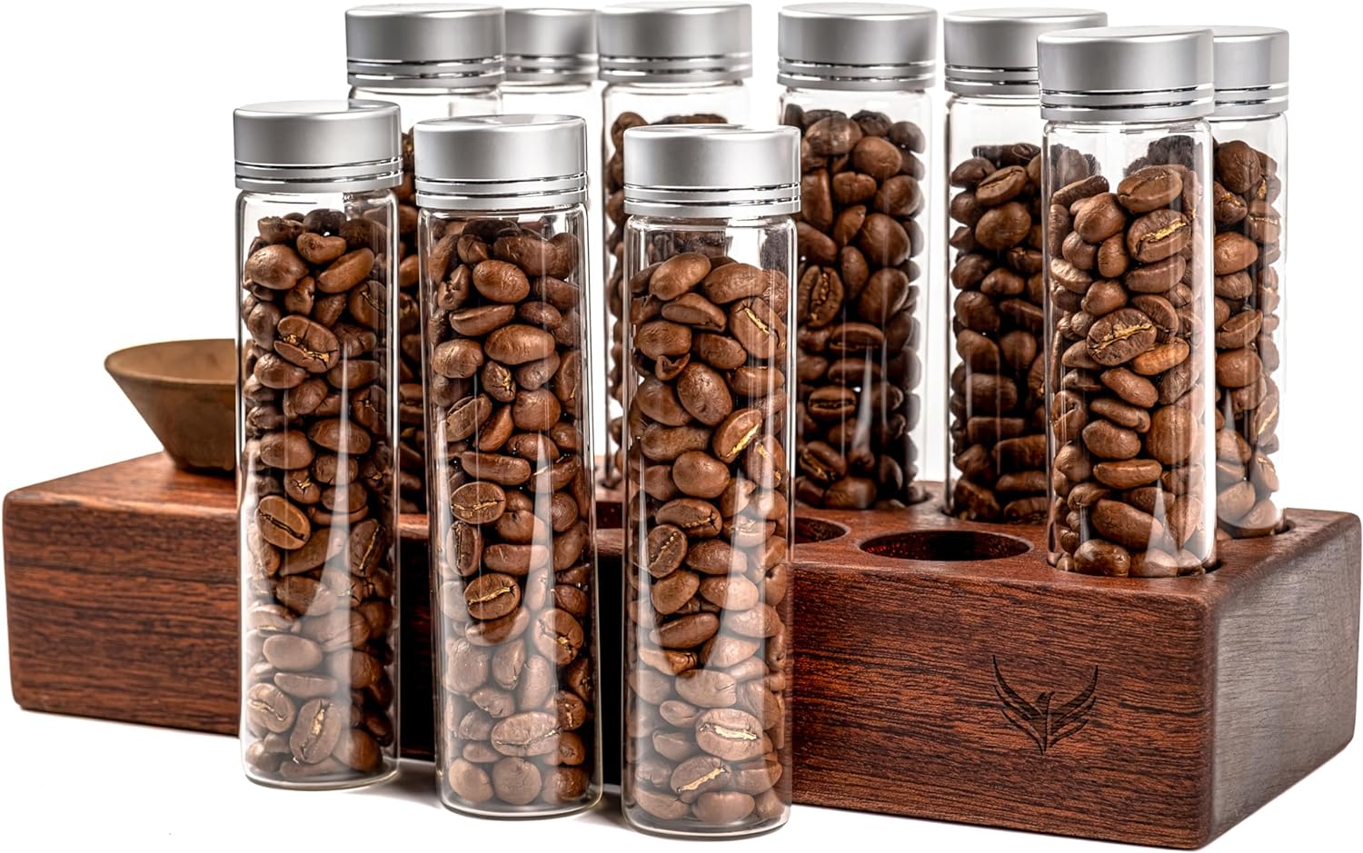 Single Dose Coffee Bean Storage Tubes KNODOS Coffee Bean Cellar 10 Pcs Dosing Glass Vials With Lids (2 Oz) Wooden Display Stand And Funnel