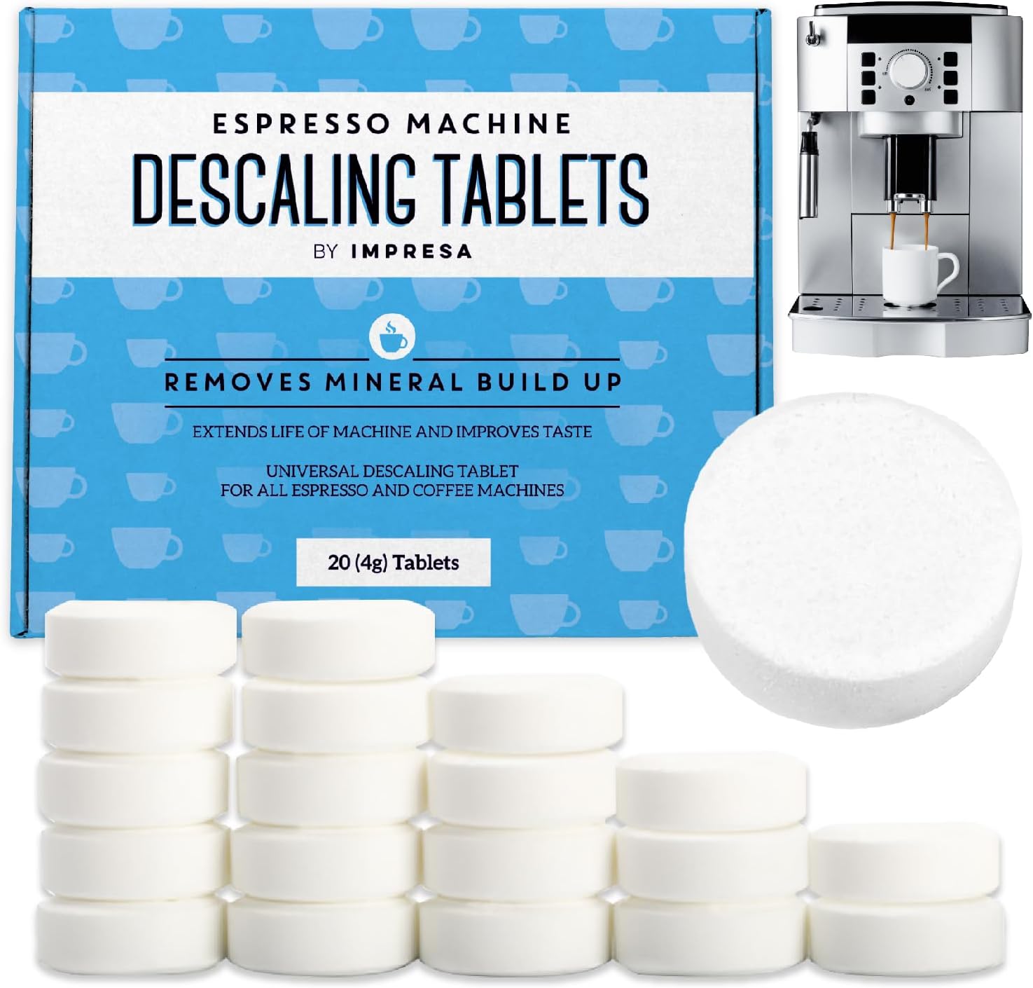 IMPRESA [20 Pack] Espresso Machine Descaler Tablets to Remove Mineral Build Up Descaling Tablets intended for Breville, Jura, Miele, and Other Espresso Makers - Descale Espresso Cleaning Tablets