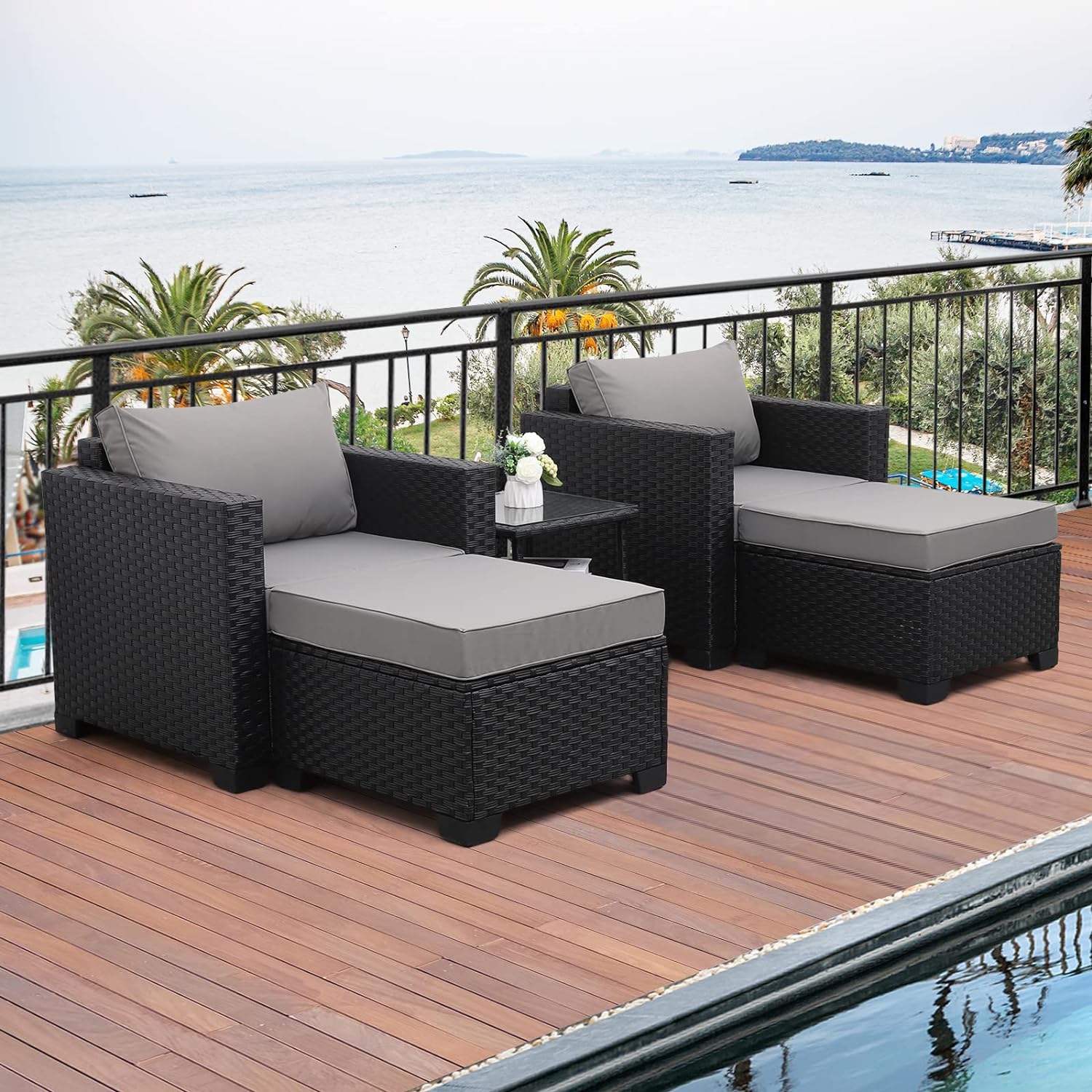 Valita 5-Piece Outdoor PE Wicker Furniture Set, Patio Sectional Chaise Lounge Black Rattan Chairs and Ottomans,Conversation Sofa with Non-Slip Gray Washable Cushions