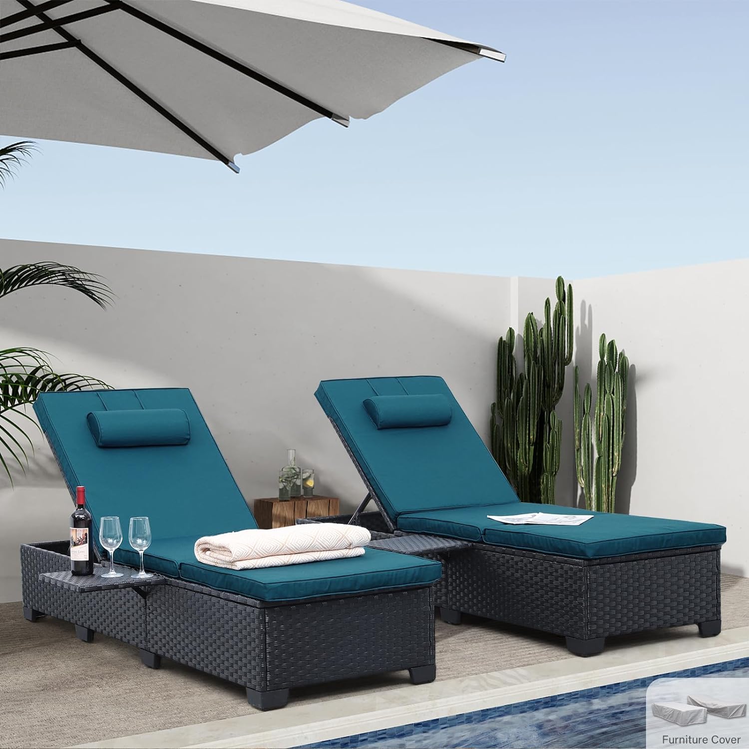 WAROOM Outdoor Chaise Lounge Chairs for Outside Patio Furniture Set of 2 Wicker Recliner Black Rattan Double Reclining Pool Lounge Chair Adjustable Backrest Lounger with Peacock Blue Cushion
