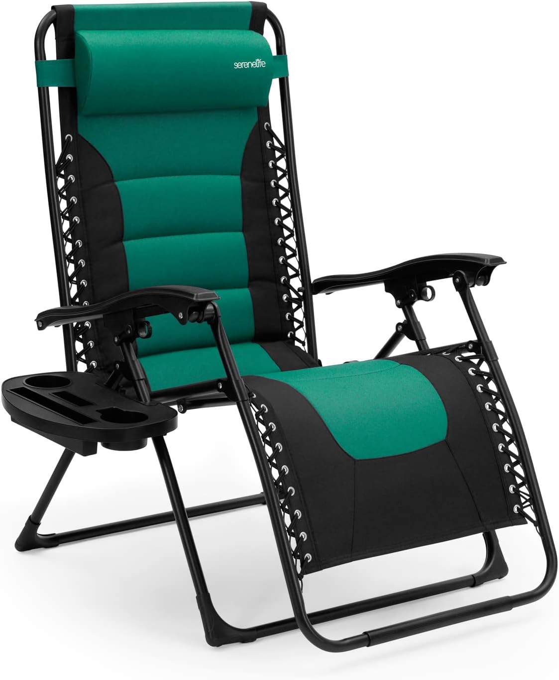 SereneLife Foldable Outdoor Zero Gravity Padded Lawn Chair, Adjustable Steel Mesh Recliners, w/Removable Pillows and Cup Holder Side Tables,, Green and Black