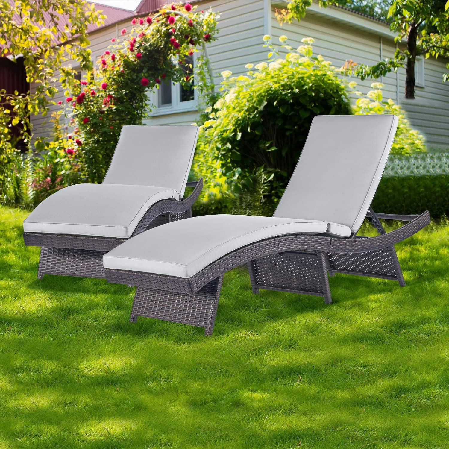 Outdoor Chaise Lounge Chair Foldable Patio Wicker Pool Lounge Chairs for Outside Set of 2 Assembled Rattan Reclining Sun Lounger Chair Cushion Grey S Type Adjustable Backrest, No Assembly Required