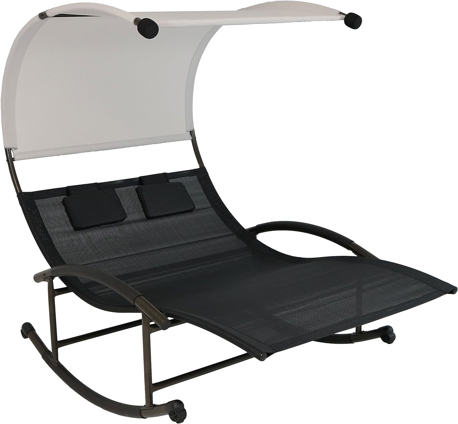 Sunnydaze Outdoor Double Chaise Rocking Lounge Chair with Canopy and Headrest Pillows - Black and White with Powder-Coated Frame