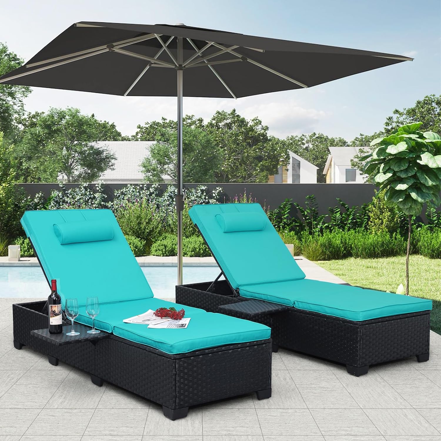 WAROOM Outdoor PE Wicker Chaise Lounge Chairs for Outside Patio Furniture Set of 2 Black Rattan Double Reclining Sunbathing Chair Adjustable Backrest Poolside Recliners with Turquoise Cushion