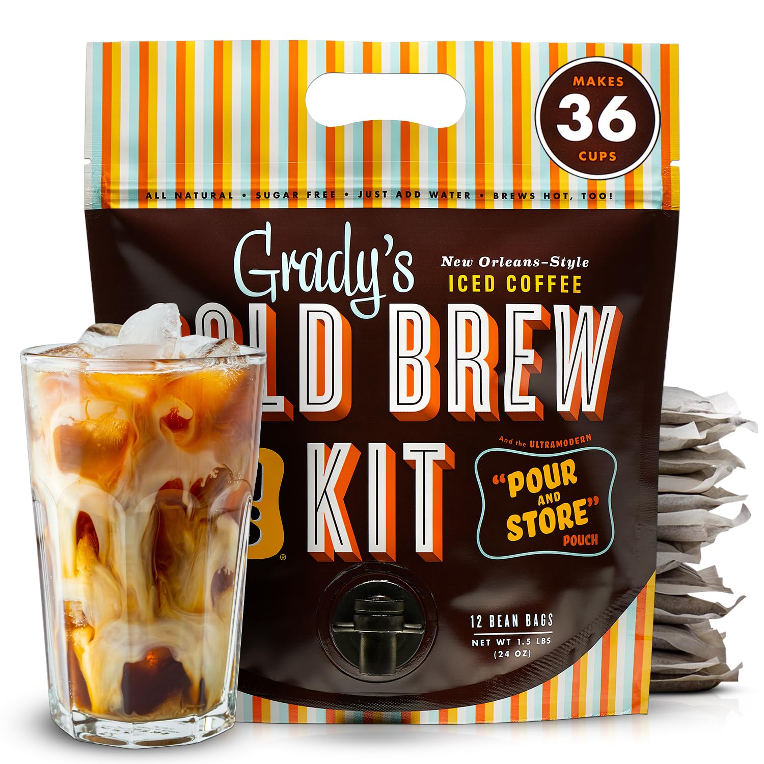 Grady' Cold Brew, Cold Brew Coffee Concentrate, Original Flavor, Cold Brew Kit with 12 (2oz.) Bean Bags plus 1 Pour and Store Pouch, New Orleans Style Cold Brew Concentrate, 36 Total Servings