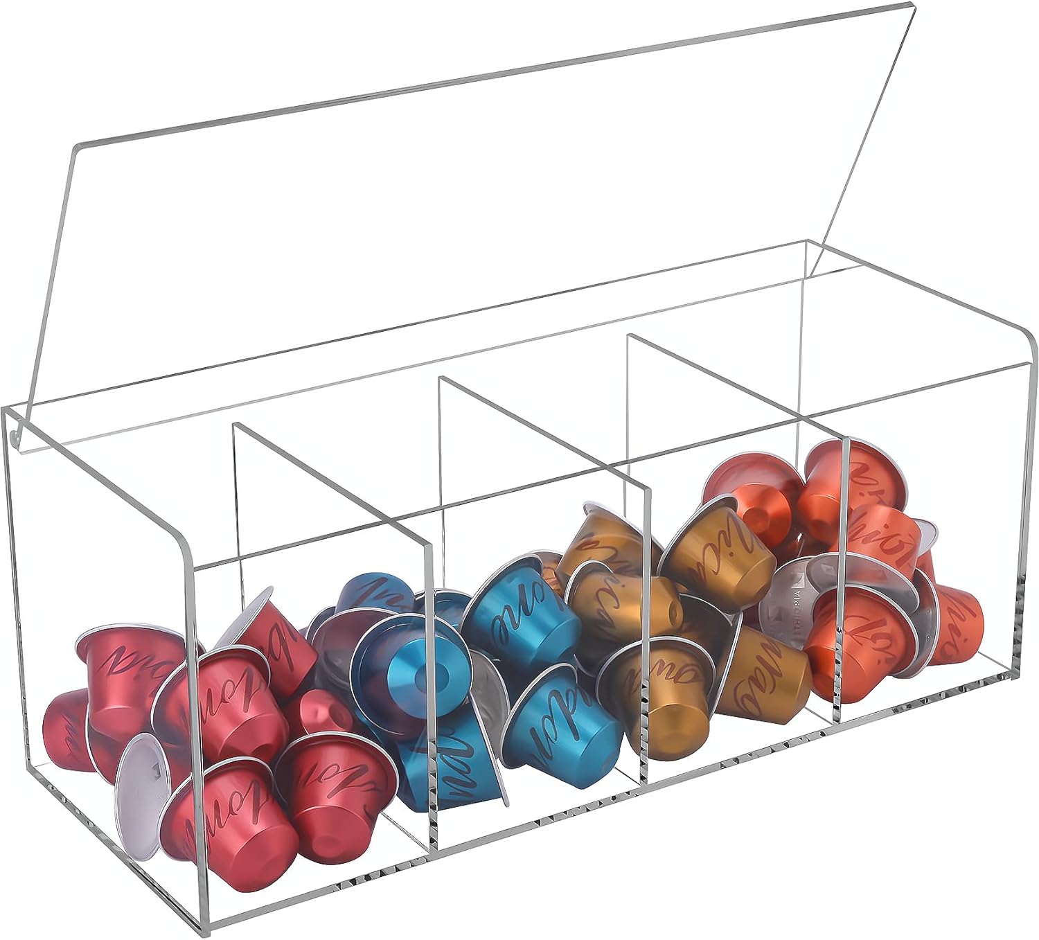 Coffee Pod Holder, Organizer for K Cup, Storage for Coffee Station Counter, Compatible with Nespresso Capsule& Keurig Pods, Coffee Bar Accessories, Acrylic 4 Compartment with Lid - Clear