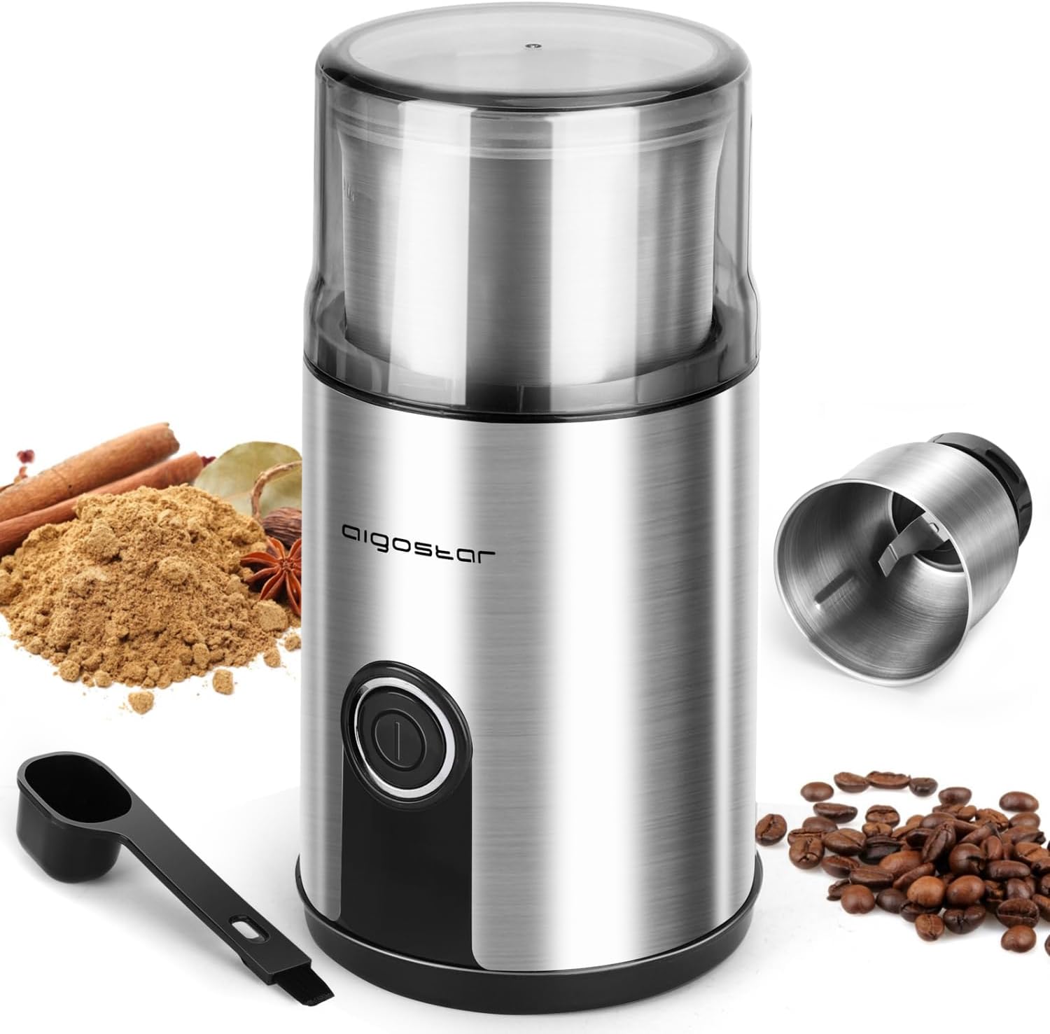 Aigostar Coffee Grinder Electric, 160W Detachable Coffee Bean and Spice Grinders, Stainless Steel Blade & Removable Bowl, Easy Cleaning, 2.6 OZ, Black