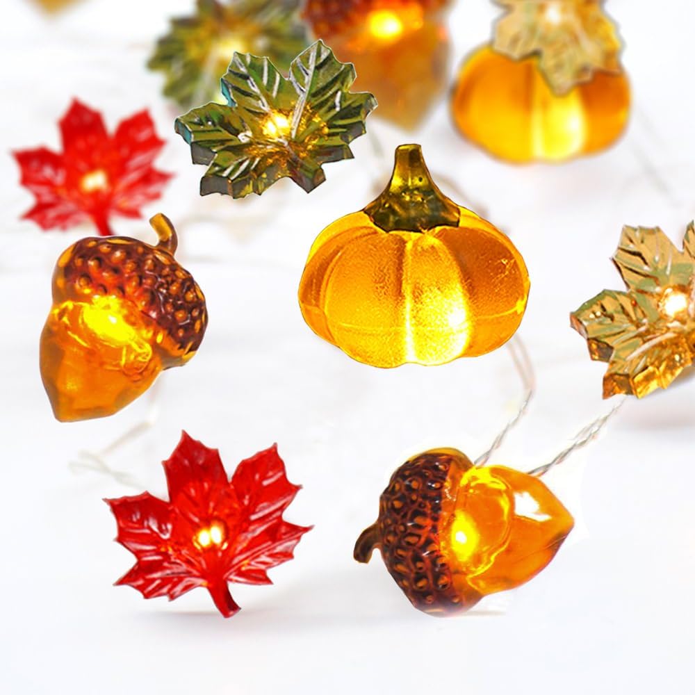 KAiSnova Thanksgiving Lights 10FT 30 LED Fall Lights 3D Pumpkin Maple Leaf Acorn Battery Operated String Lights Halloween Decorations Indoor Fall Decorations for Home Garland Party Autumn