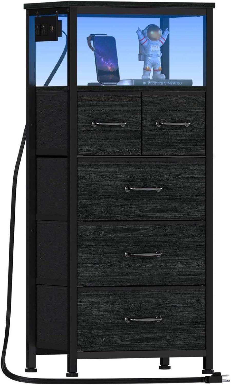 Furnulem Vertical Dresser with Charging Station and LED Lights, Black Chest of Drawers with Shelf and 5 Fabric Bins, Tall Nightstand for Entryway, Closet, Bedside Table, Wood Top, Bedroom Furniture