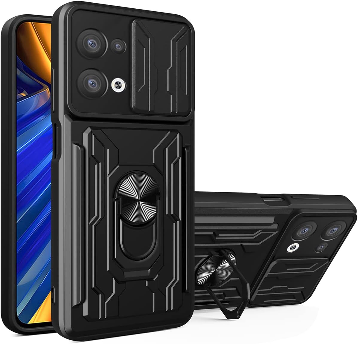 CCSmall for Oppo Reno 8 Pro Case Sliding Window Case with Card Holders, Cover with Slide Camera Protection Built-in Magnetic Kickstand Case for Oppo Reno 8 Pro 5G LJK Black