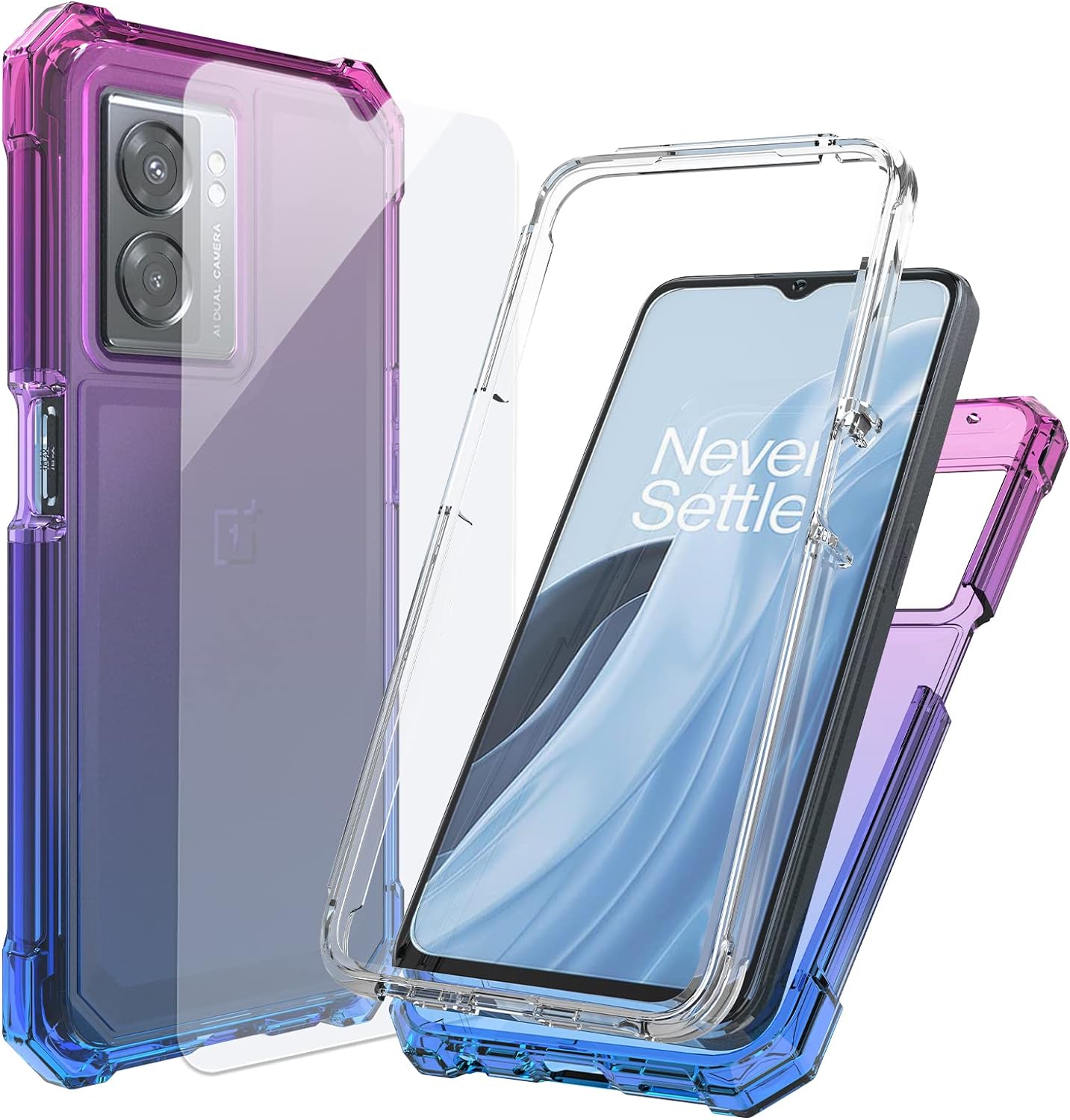 Ailiber Case for OnePlus Nord N300 5G, Oppo A77 5G Case with Screen Protector, Dual Layer Structure Protection, Shock-Absorbing Corner TPU Bumper, Military Grade Phone Cover for One+ N300-Blue Pink