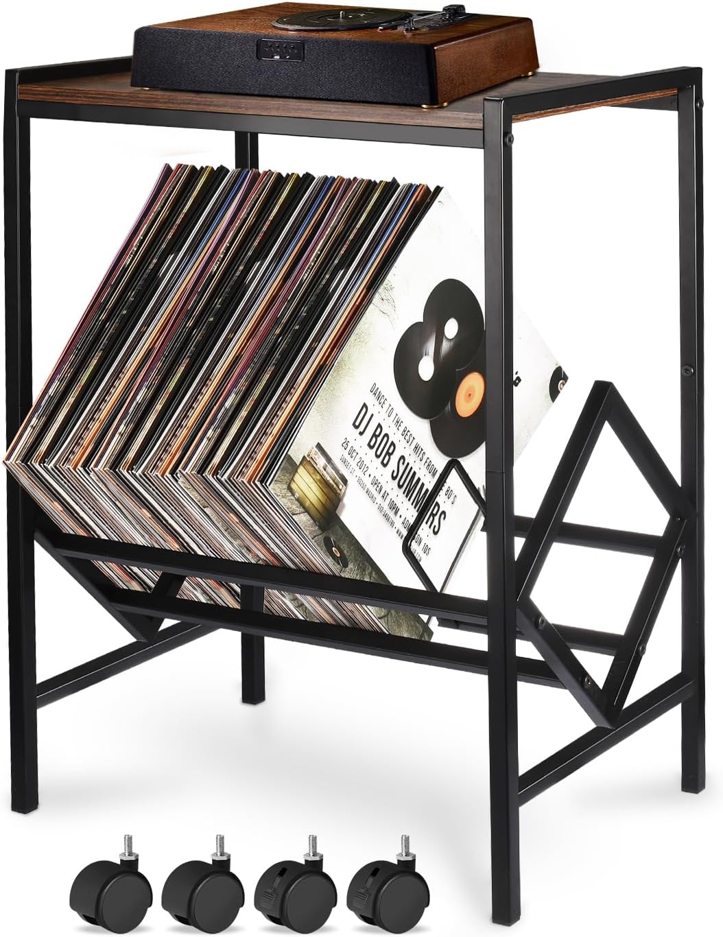 Record Player Stand with Storage Up to 80 Albums,Turntable Stand with Matte Black Metal Legs, Record Player Table for Living Room Bedroom Office