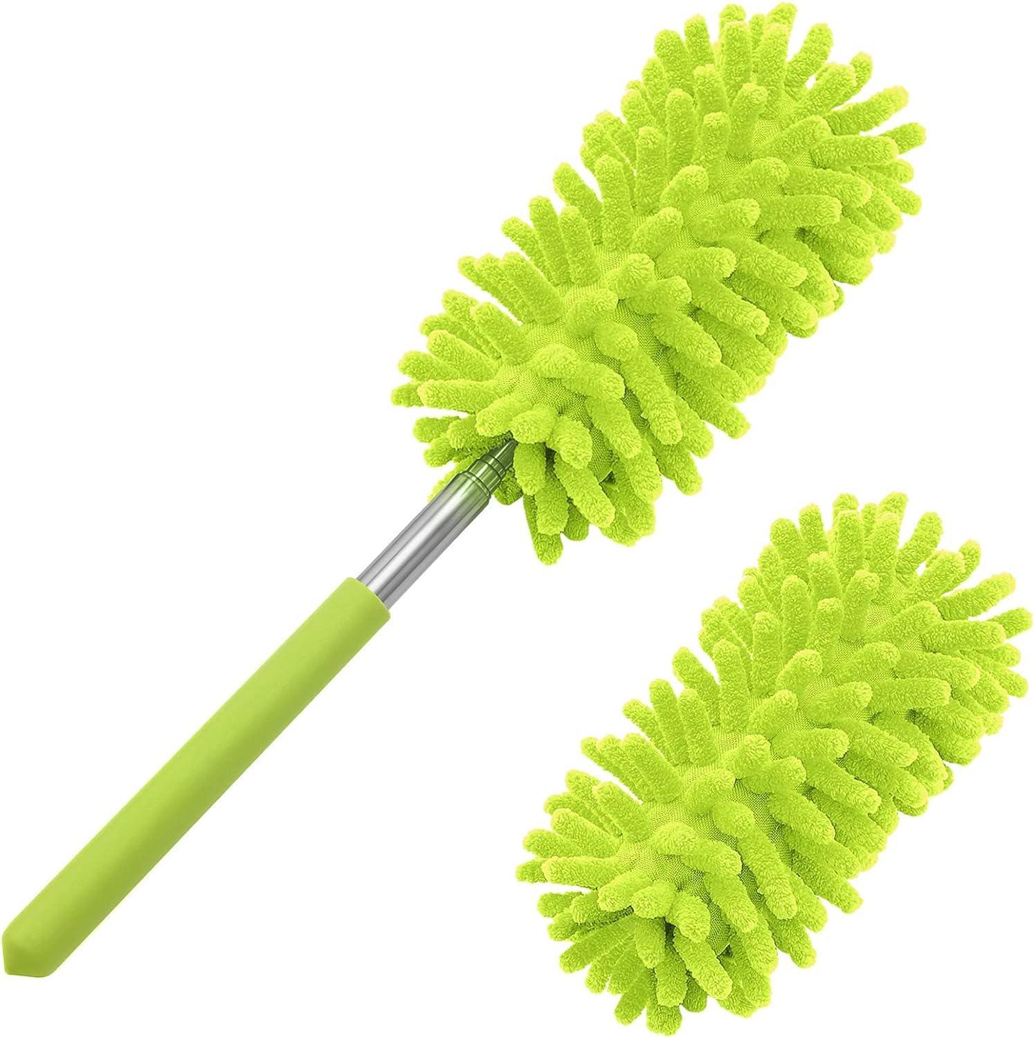 Microfiber Duster for Cleaning, Tukuos Hand Washable Dusters with 2pcs Replace Microfiber Head, Extendable Pole, Detachable Cleaning Brush Tool for Office, Car, Window, Furniture, Ceiling Fan Green