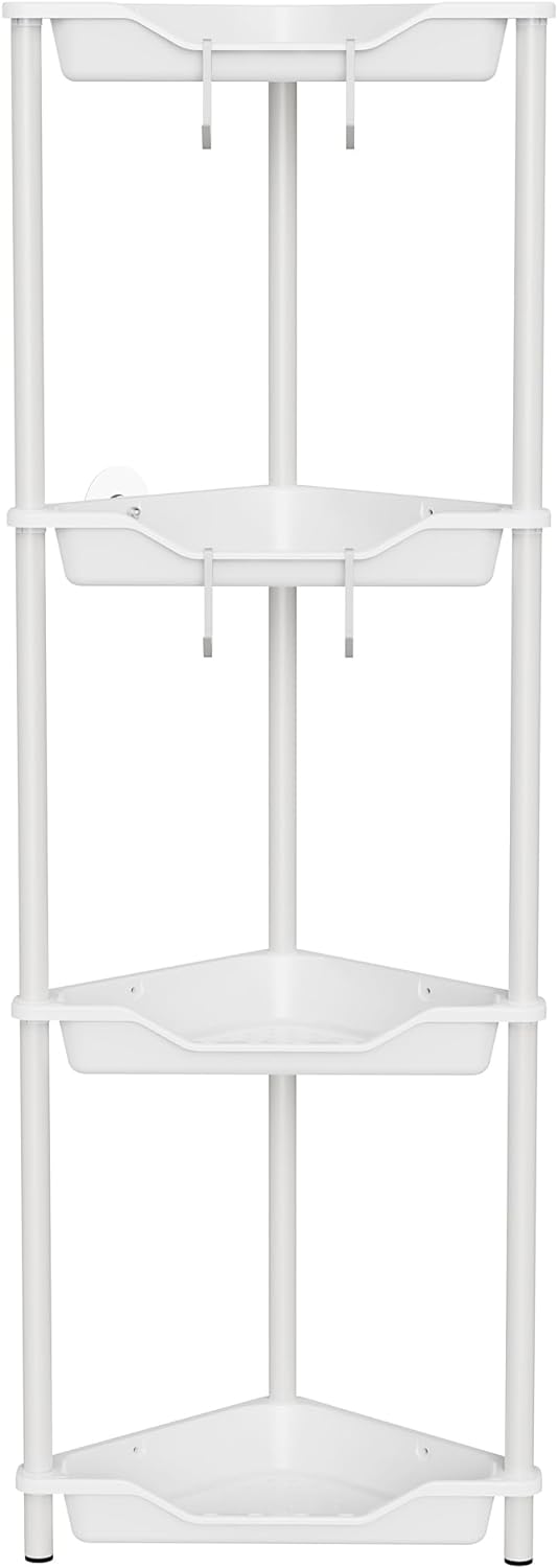 Orimade Rustproof 4 Tier Floor Standing Corner Shower Caddy Organizer, Plastic Metal Splicing Floor Corner Shelf Rack Stands for Bathroom,10.8 x 10.8 x 44.6 inches, White