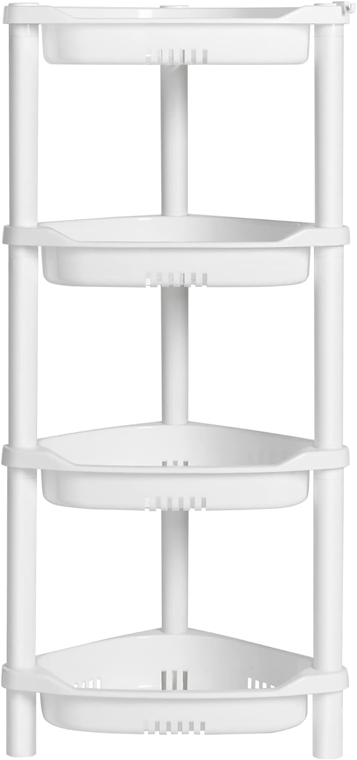 ELYKEN 4 Tier Shower Caddy Organizer Shelf Corner, 14.4 x 11.2 x 31.5 Inches, Rustproof, Plastic Shower Rack Stands for Inside Bathroom, Bathtub, Shower pan, White