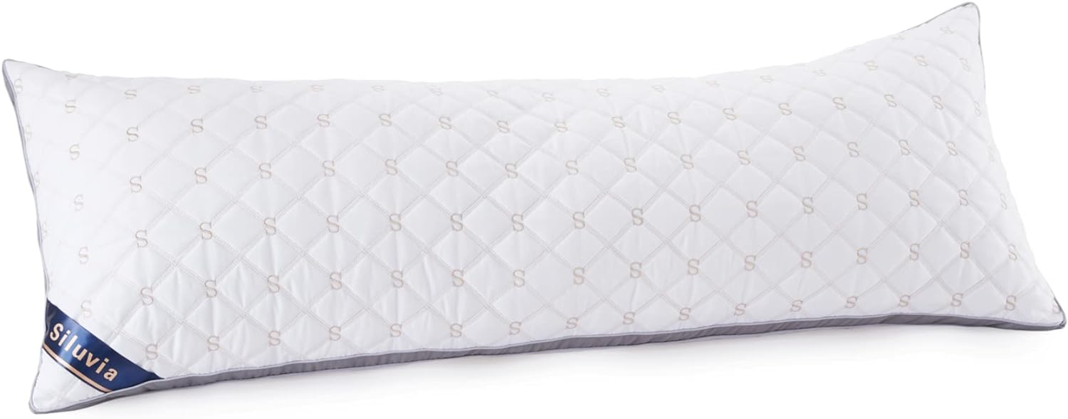 Siluvia Body Pillow for Adults-Premium Adjustable Loft Quilted Body Pillows - Hypoallergenic Fluffy Pillow - Quality Plush Pillow - Down Alternative Pillow(White-LightGray, 21x54)