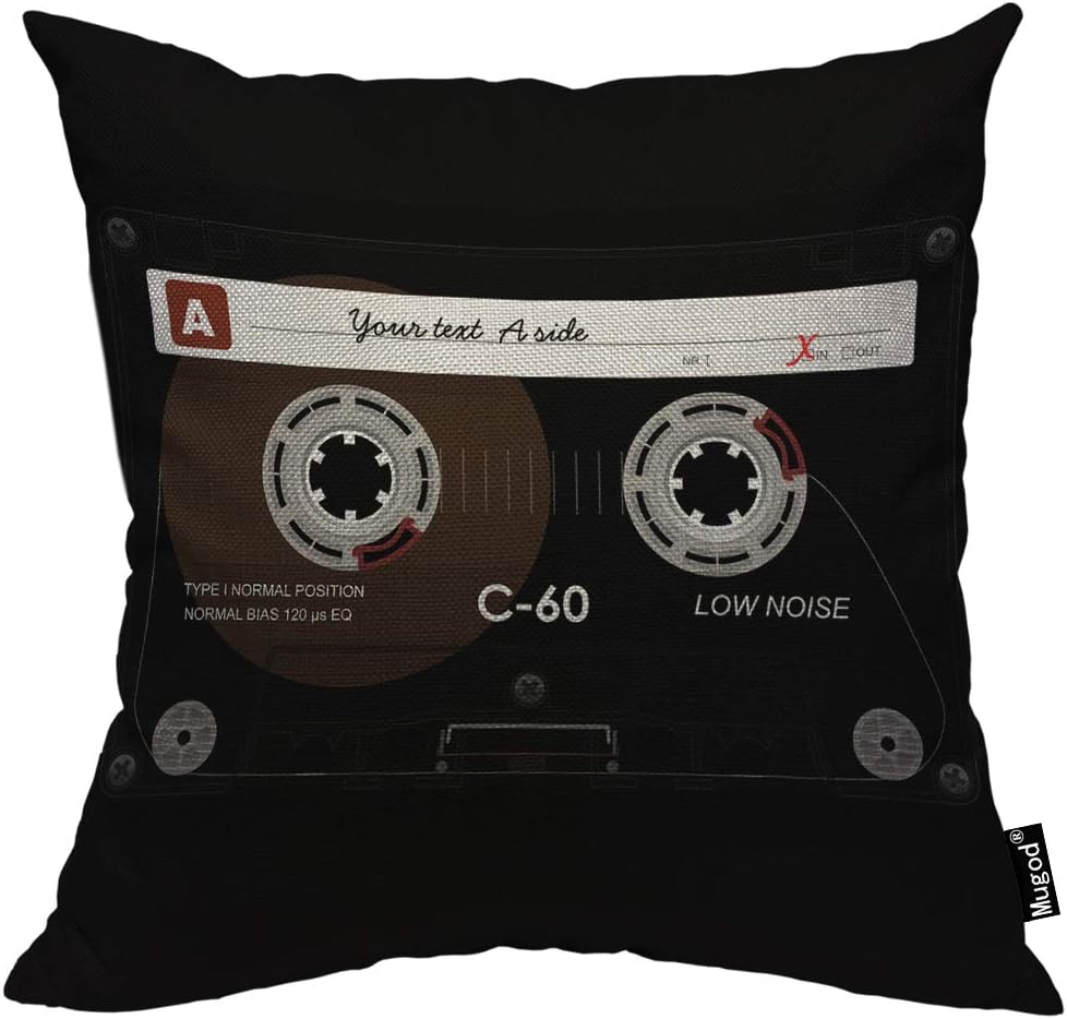 Retro Audio Cassette Throw Pillow Music Record Player Low Noise 80s Plastic Tape Cotton Linen Square Cushion Cover Standard Pillowcase 18x18 Inch for Home Decorative Bedroom/Living Room/Car