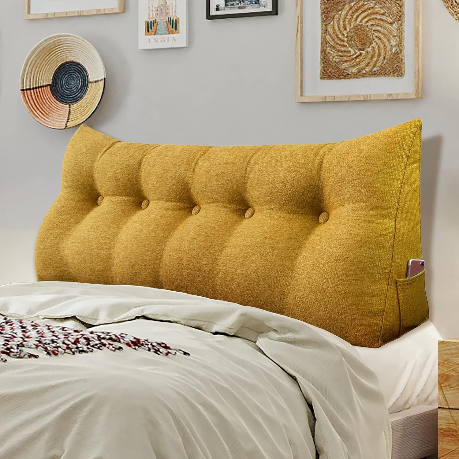 WOWMAX Multifunctional Upholstered Headboard Pillow Twin, Button Tufted Dorm Headboard Twin XL, Portable Pillow Headboard College Dorm Removable and Washable Cover Yellow