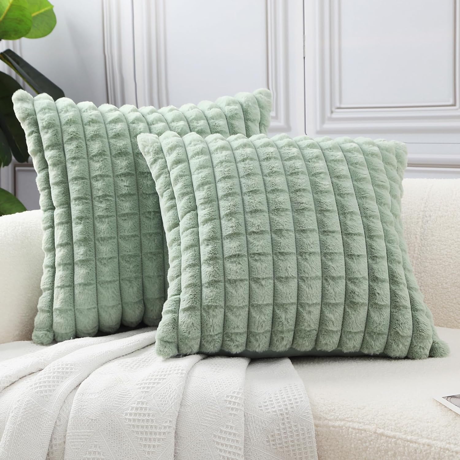 HPUK Faux Fur Plush Square Throw Pillow Covers 18x18 Inch, Decorative Fluffy Couch Pillow Covers for Living Room, Accent Cozy and Fuzzy Pillow Covers for Couch, Sofa, and Bedroom(Sage Green)
