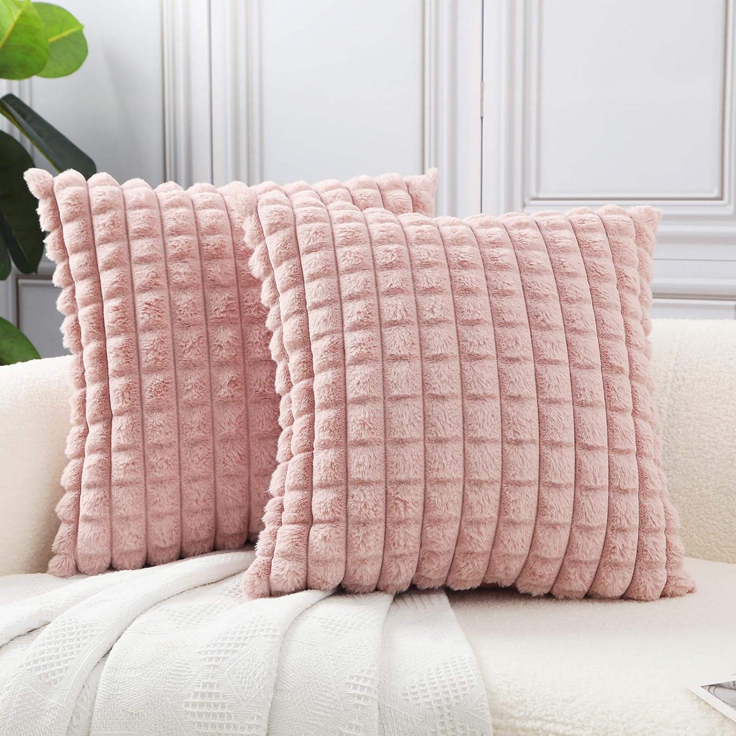 HPUK Faux Fur Plush Square Throw Pillow Covers 18x18 Inch, Decorative Fluffy Couch Pillow Covers for Living Room, Accent Cozy and Fuzzy Pillow Covers for Couch, Sofa, and Bedroom(Light Pink)