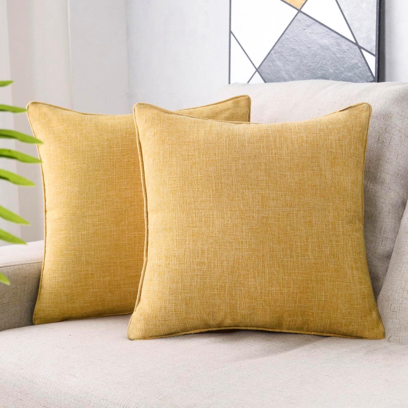 HPUK Linen Throw Pillow Covers Pack of 2, 18x18 Inch Accent Cushion Covers for Living Room, Bedroom, Decorative Solid Color Pillow Covers for Couch, Sofa, Chair, Ochre