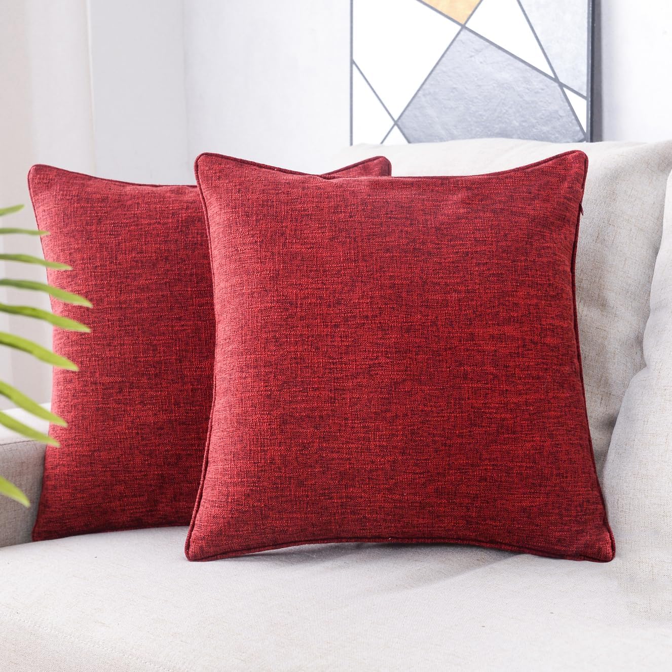 HPUK Linen Throw Pillow Covers Pack of 2, 18x18 Inch Accent Cushion Covers for Living Room, Bedroom, Decorative Solid Color Pillow Covers for Couch, Sofa, Chair, Wine