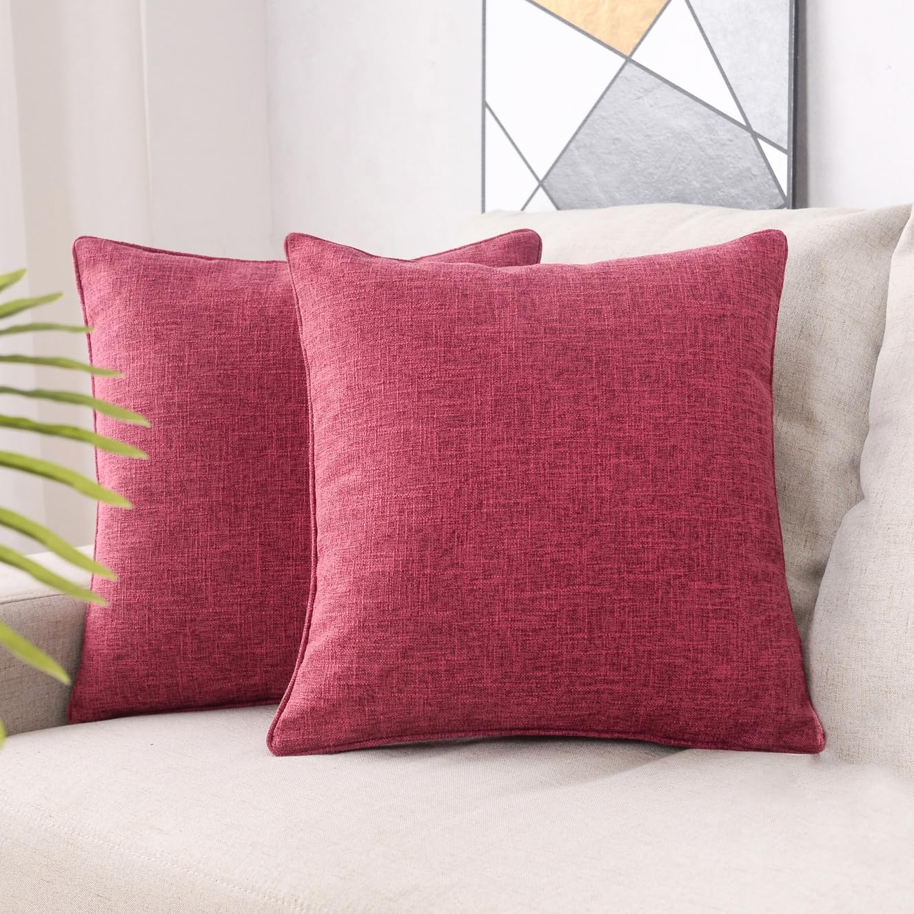 HPUK Linen Throw Pillow Covers Pack of 2, 18x18 Inch Accent Cushion Covers for Living Room, Bedroom, Decorative Solid Color Pillow Covers for Couch, Sofa, Chair, Fuchsia Rose