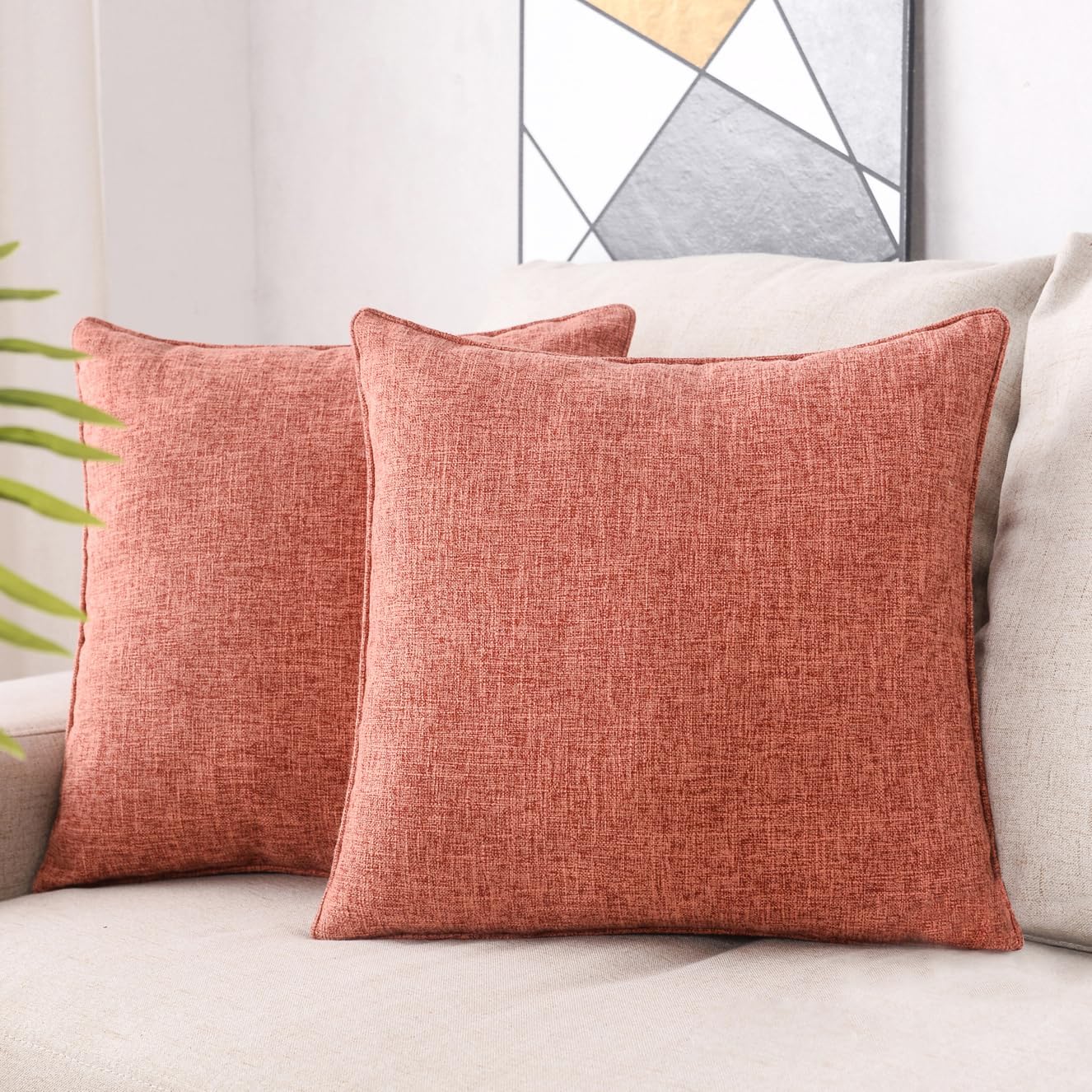 HPUK Linen Throw Pillow Covers Pack of 2, 18x18 Inch Accent Cushion Covers for Living Room, Bedroom, Decorative Solid Color Pillow Covers for Couch, Sofa, Chair, Coral