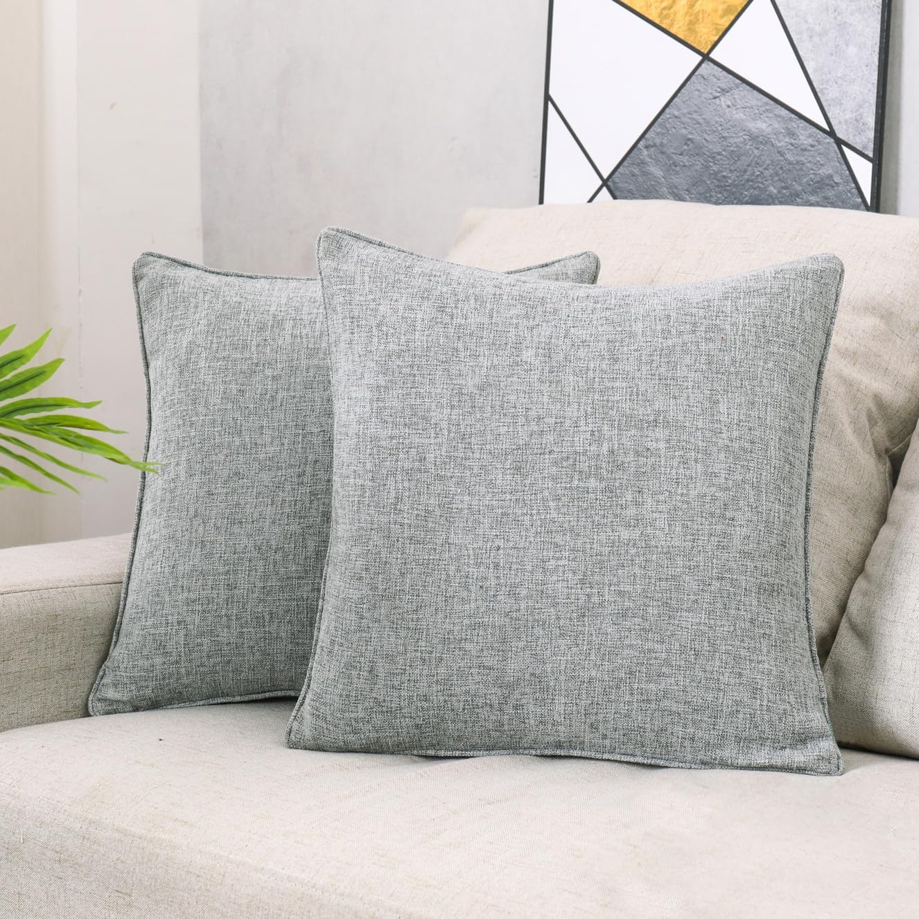 HPUK Linen Throw Pillow Covers Pack of 2, 18x18 Inch Accent Cushion Covers for Living Room, Bedroom, Decorative Solid Color Pillow Covers for Couch, Sofa, Chair, Grey