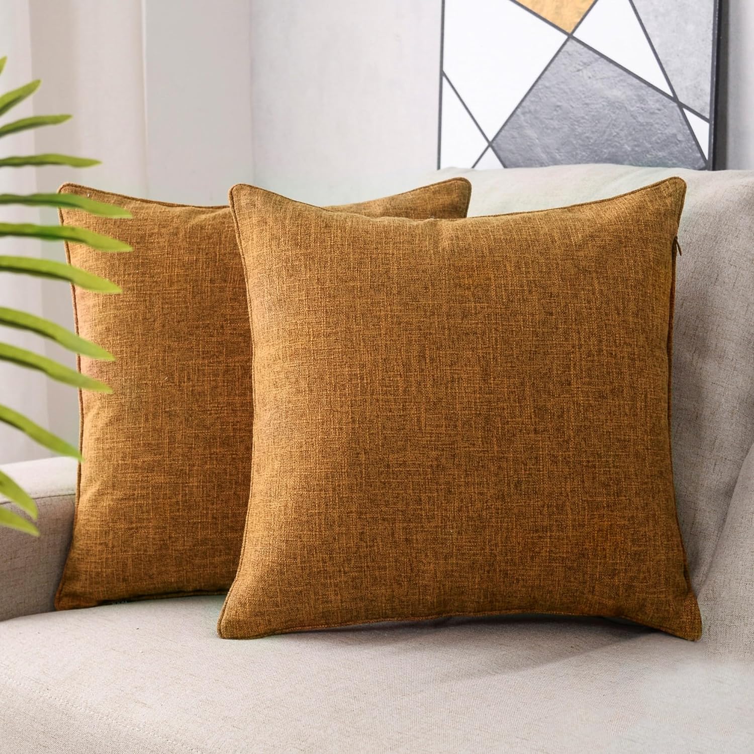 HPUK Linen Throw Pillow Covers Pack of 2, 18x18 Inch Accent Cushion Covers for Living Room, Bedroom, Decorative Solid Color Pillow Covers for Couch, Sofa, Chair, Golden Brown