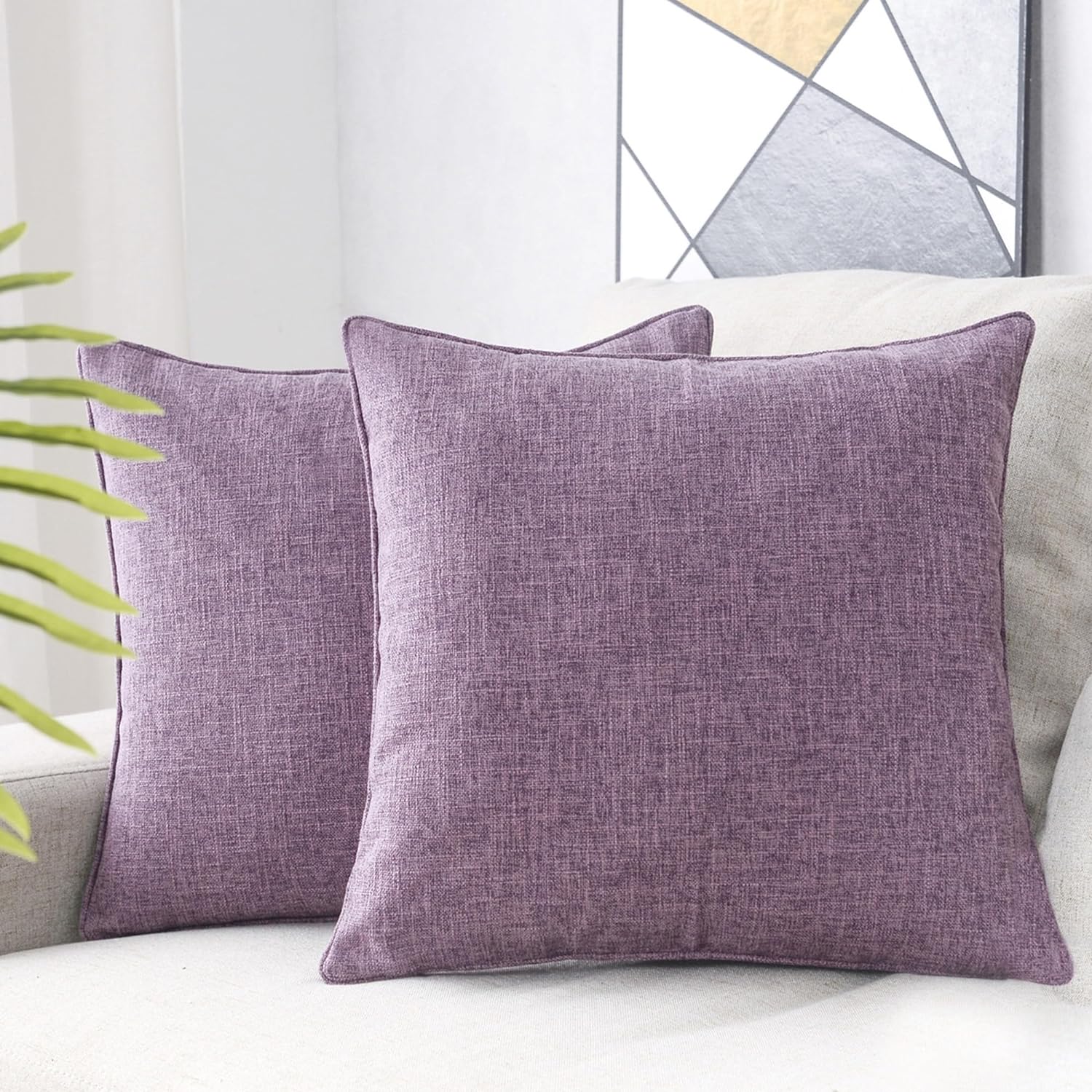 HPUK Linen Throw Pillow Covers Pack of 2, 18x18 Inch Accent Cushion Covers for Living Room, Bedroom, Decorative Solid Color Pillow Covers for Couch, Sofa, Chair, Lavender Mist