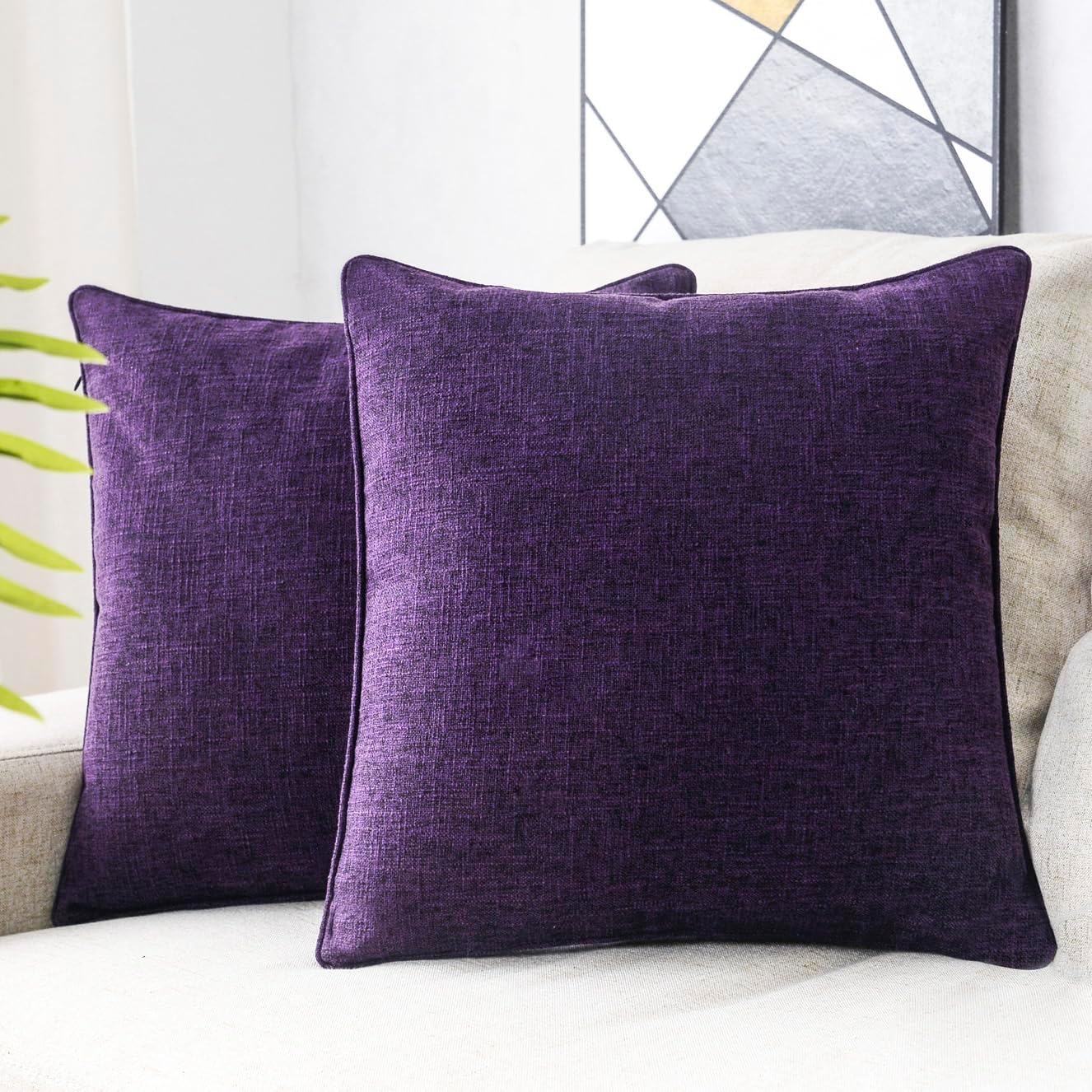 HPUK Linen Throw Pillow Covers Pack of 2, 18x18 Inch Accent Cushion Covers for Living Room, Bedroom, Decorative Solid Color Pillow Covers for Couch, Sofa, Chair, Purple