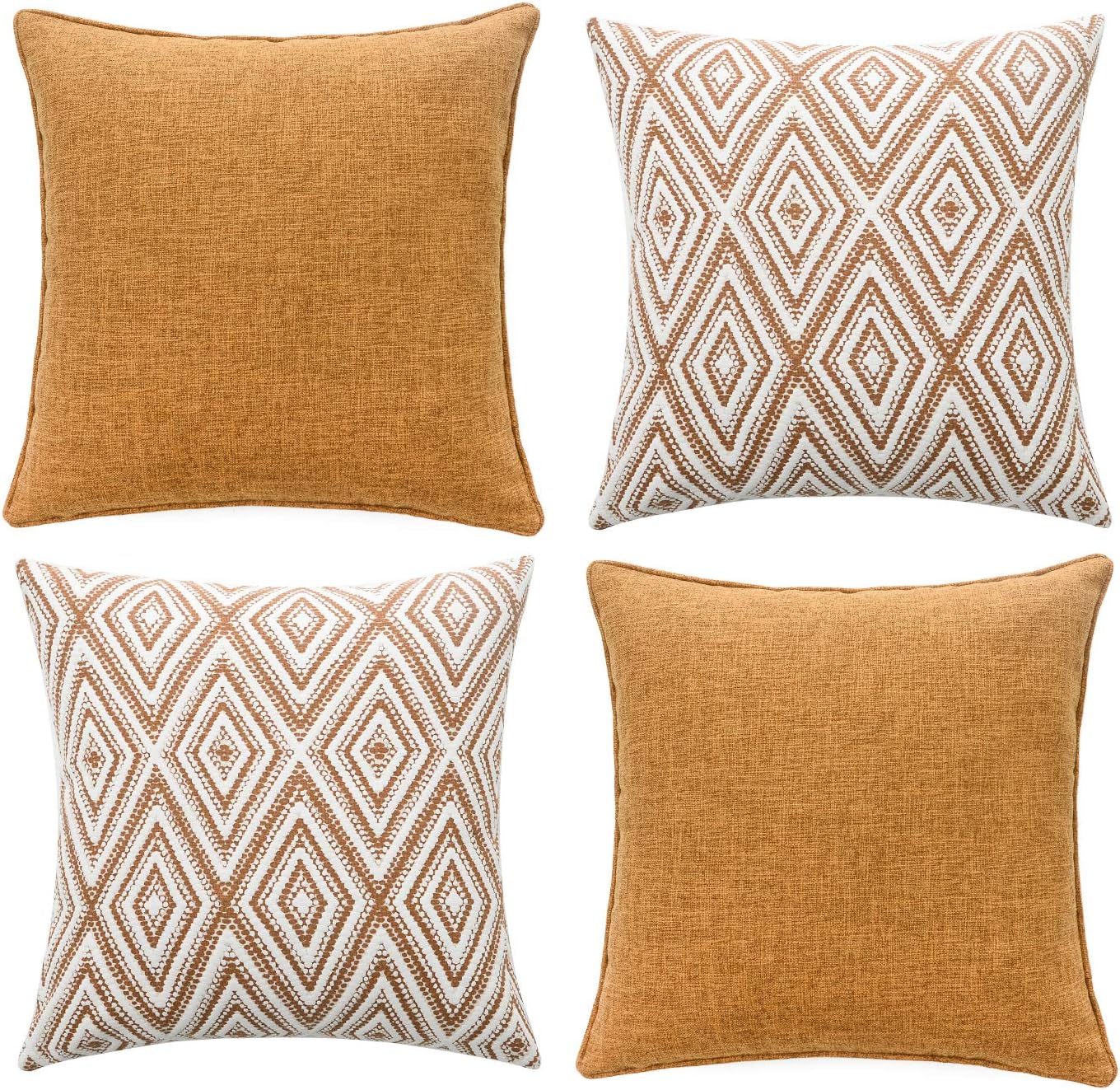HPUK Decorative Throw Pillow Covers Set of 4 Geometric Design Linen Cushion Cover for Couch Sofa Living Room, 18x18 inches, Golden Brown