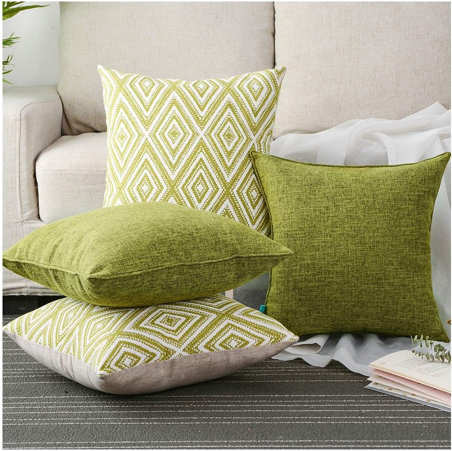 HPUK Decorative Throw Pillow Covers Set of 4 Geometric Design Linen Cushion Cover for Couch Sofa Living Room, 18x18 inches, Green