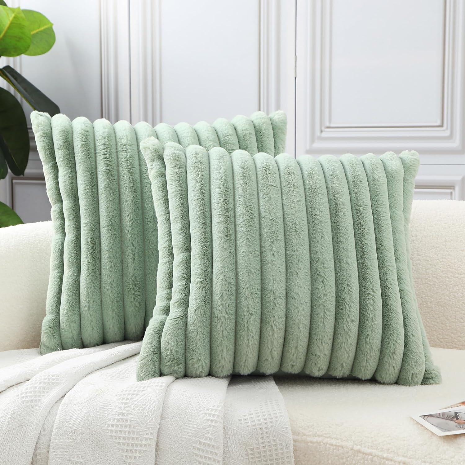 HPUK Faux Fur Plush Striped Throw Pillow Covers 18x18 Inch, Decorative Fluffy Couch Pillow Covers for Living Room, Accent Cozy and Fuzzy Pillow Covers for Couch, Sofa, and Bedroom(Sage Green)