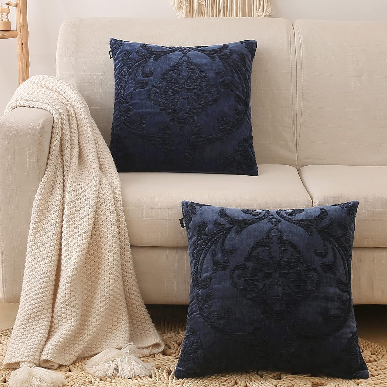 HPUK Throw Pillow Covers with Damask Embroidered Pattern, 18x18 inch, Pack of 2 European Retro Navy Blue Square Decorative Accent Cushion Covers for Living Room, Sofa