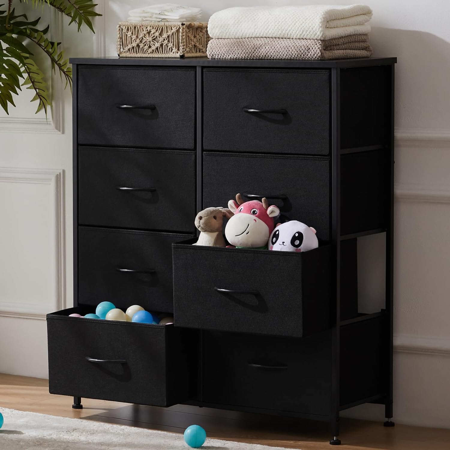 DUMOS Dresser for Bedroom, Chest of Drawers, Closet Storage with 8 Drawers, Cloth Dresser Clothes Organizers Tower with Fabric Bins, Metal Frame, Wood Tabletop for Nursery, Kids Room, Living Room